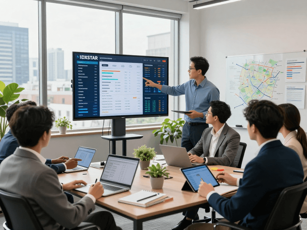 IDXSTAR data visualization team collaboration in a modern real estate office setting.