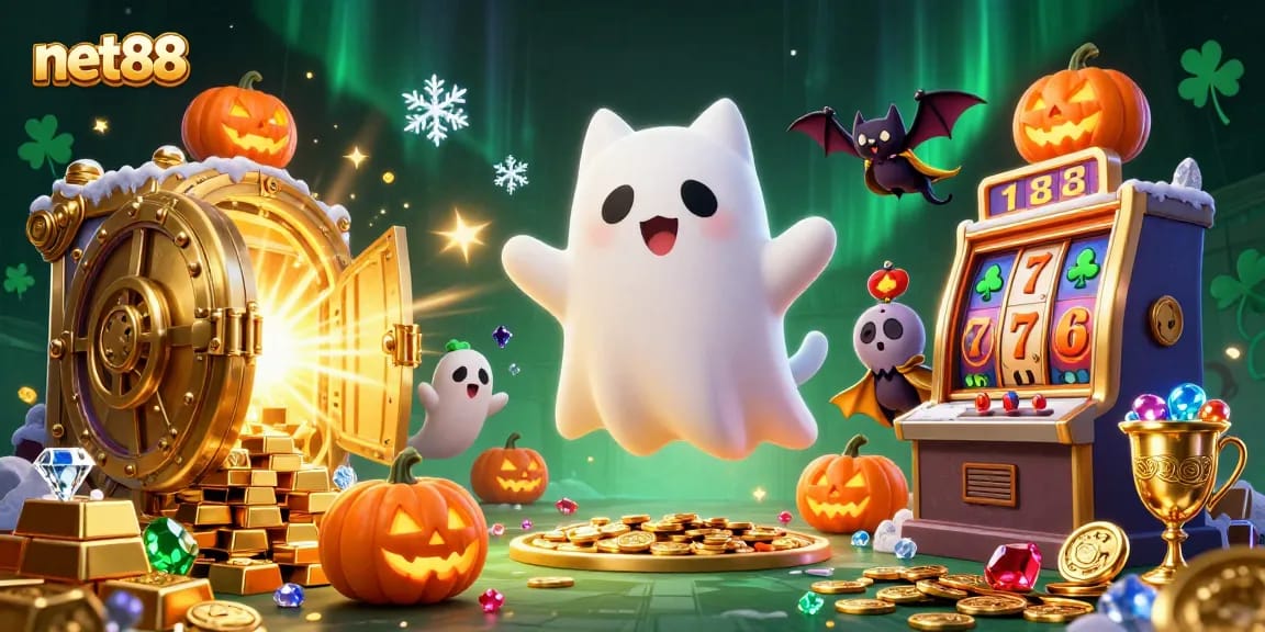 Engage with net88's thrilling casino experience featuring ghostly characters in a vibrant gaming scene.