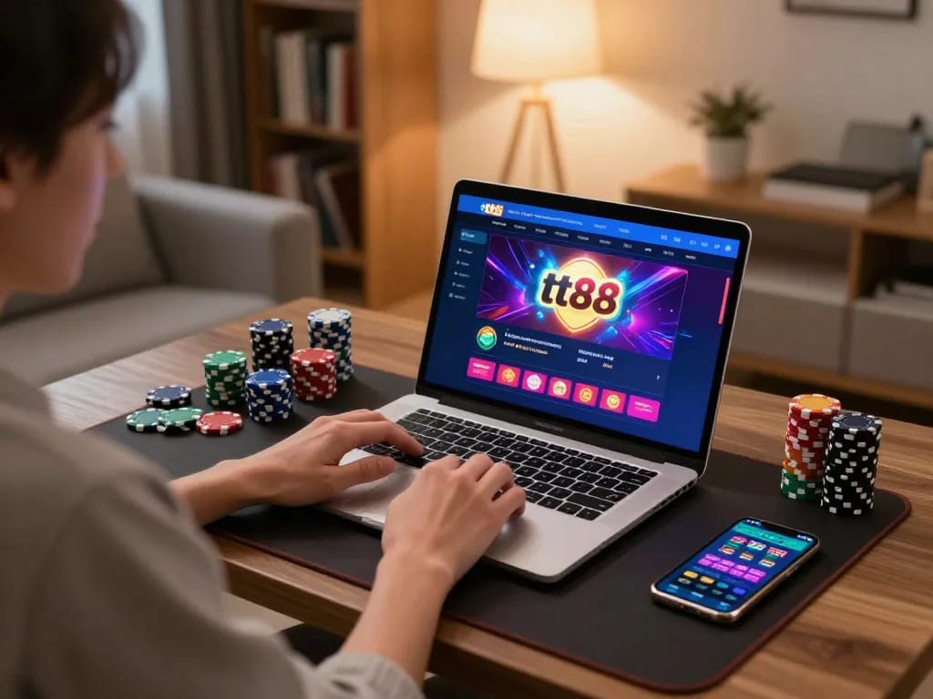 Engaging user experience with tt88 online casino gaming on laptop in cozy home environment.