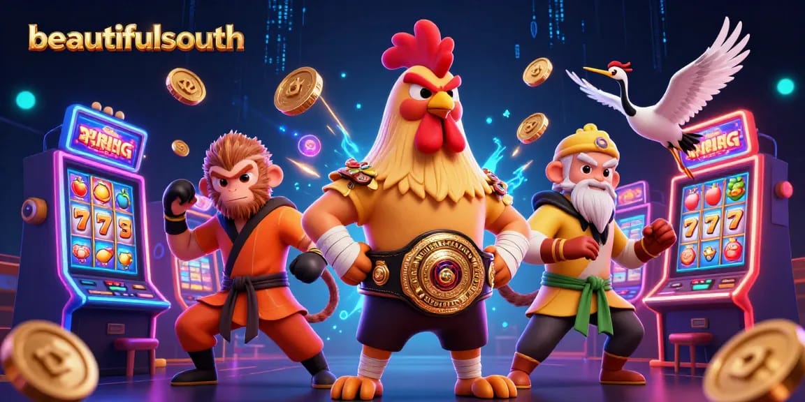Engage with beautifulsouth's vibrant 3D illustration featuring a Muay Thai rooster, Shaolin monkey, and crane master surrounded by dynamic slot elements.