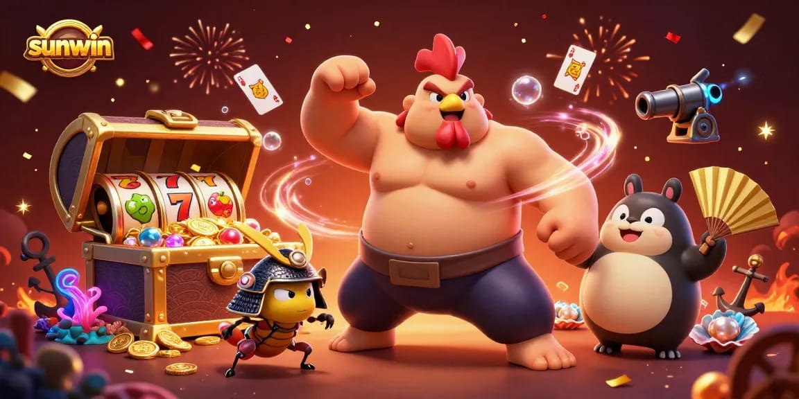 Experience the excitement of sunwin in this dynamic casino-themed 3D illustration featuring iconic characters.