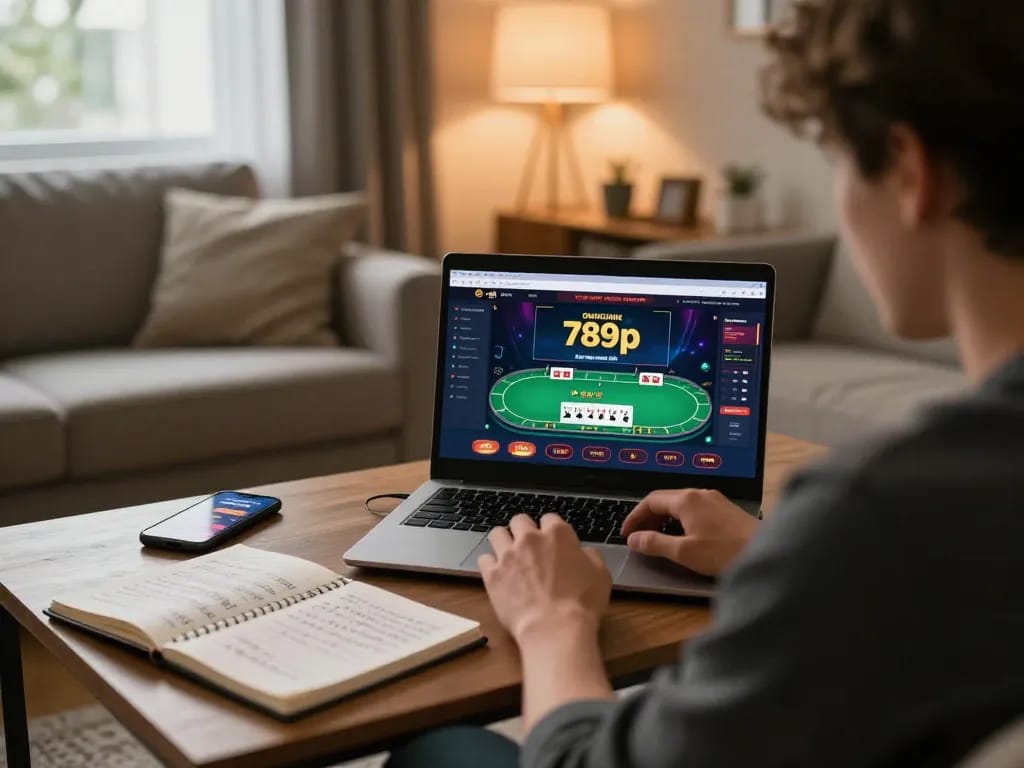 Player engaging in an online poker game at home using 789p, showcasing a strategic betting setup