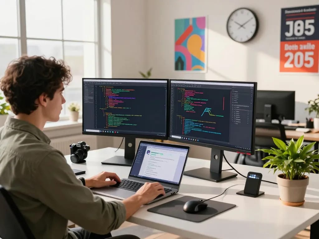 Developer engaging with clawbot in a modern tech workspace with dual monitors and teamwork elements.
