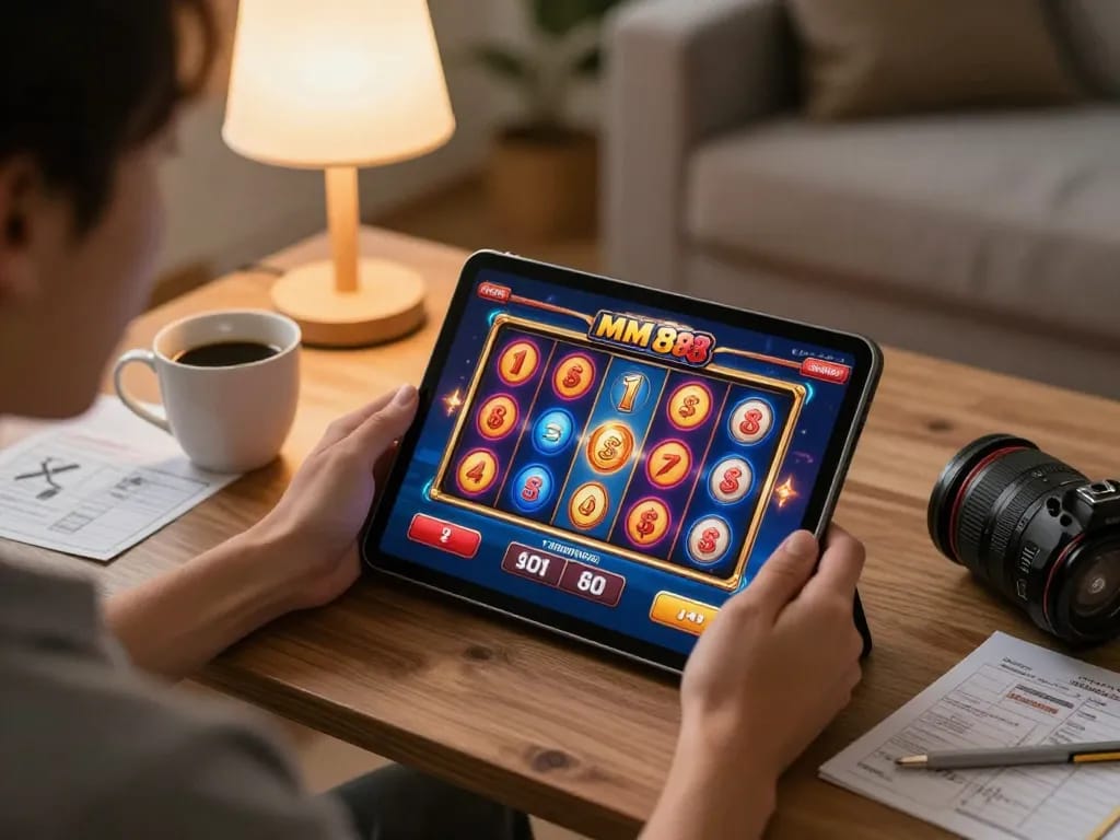 Player engaging with MM 88 online slots in a cozy home setting with strategic notes.