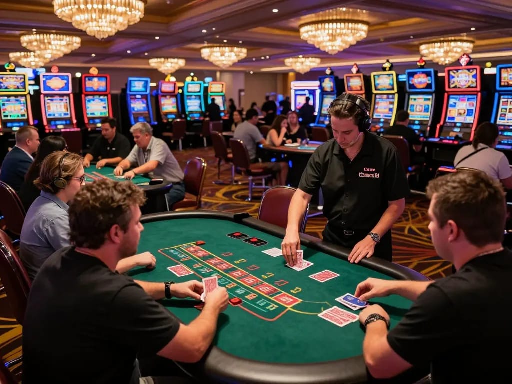 Players place bets at a blackjack table in an exciting casino scene on https://tip88xyz.com/ while enjoying vibrant ambiance.
