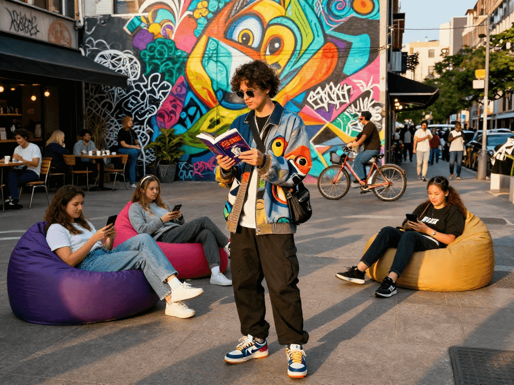 A stylish individual showcasing "ai slut" book in a lively urban scene with friends and murals.