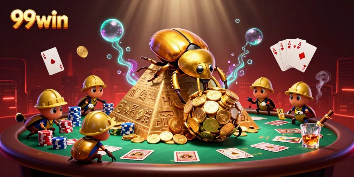 Engage with 99win inspired poker action featuring dynamic characters amidst golden coins.