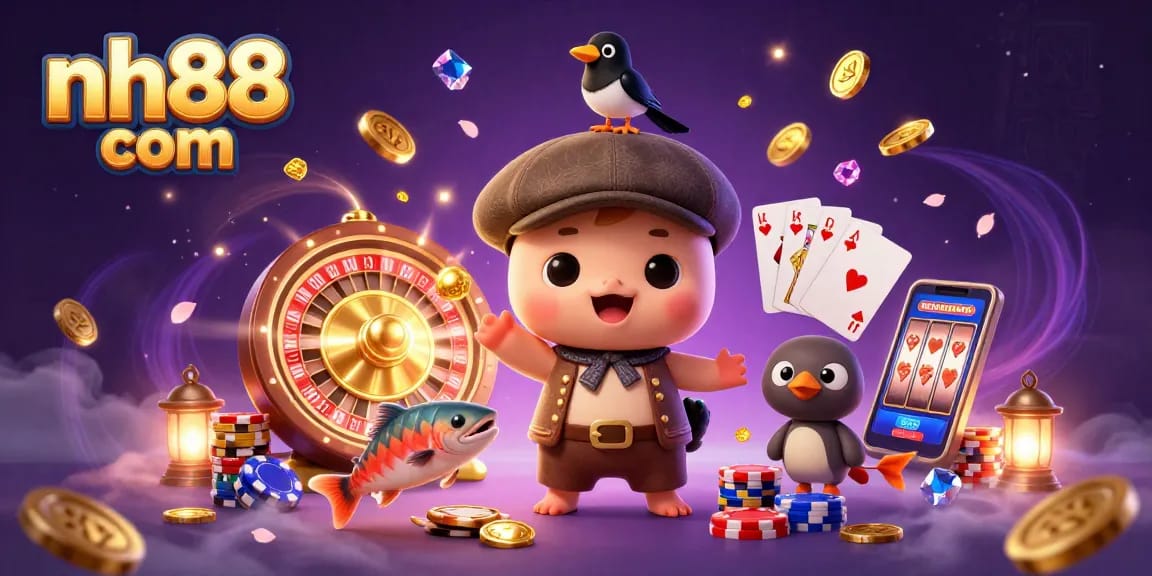 Engaging nh88 com illustration with baby Nessie at a vibrant casino scene filled with golden rewards.