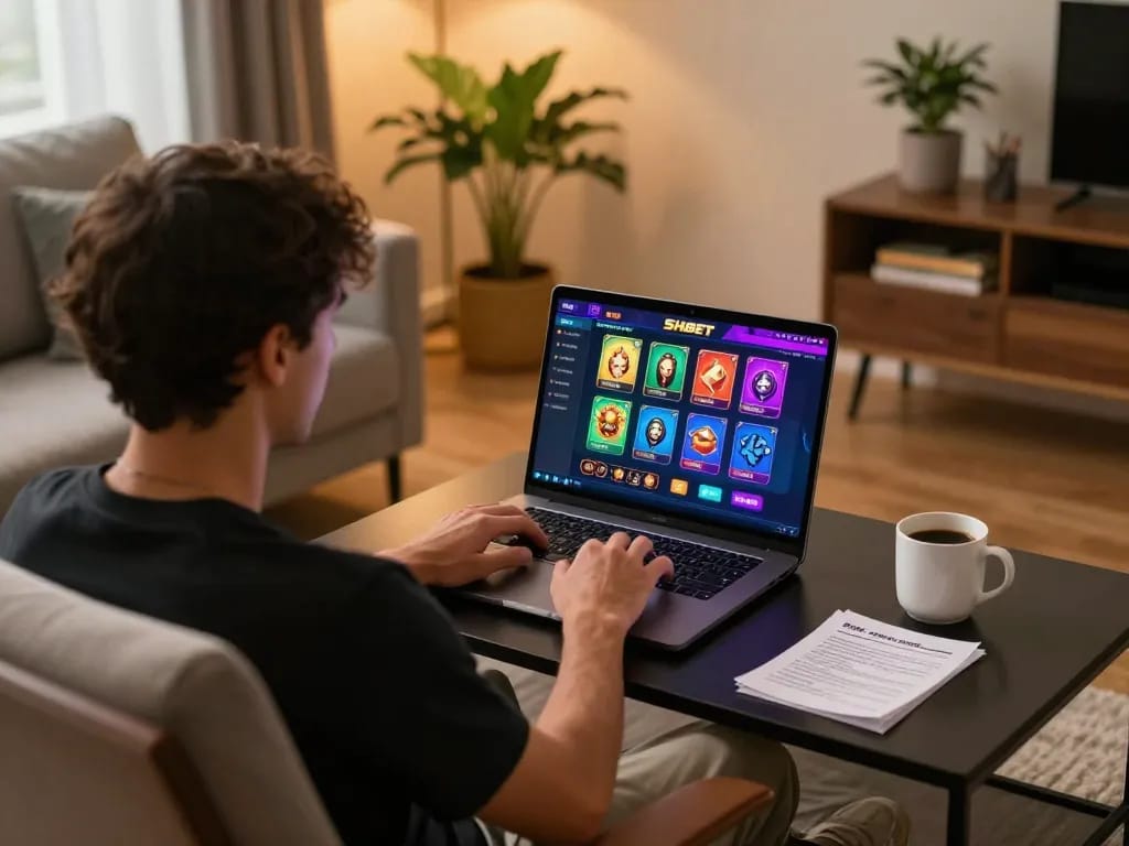 Player engaging with SHBET online casino on laptop in cozy home setup, showcasing strategic gameplay.