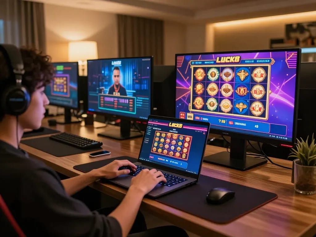 Engaging in Luck8 casino gaming with vibrant online screens and a cozy environment.