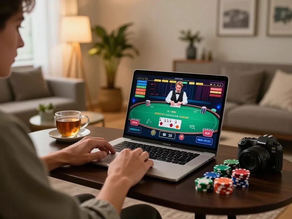 Engaged player using laptop on Trang chủ SC88 to explore live dealer games in a cozy home setting.
