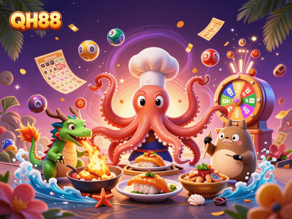 Win exciting prizes with QH88 at a vibrant 3D gaming scene featuring dynamic characters.