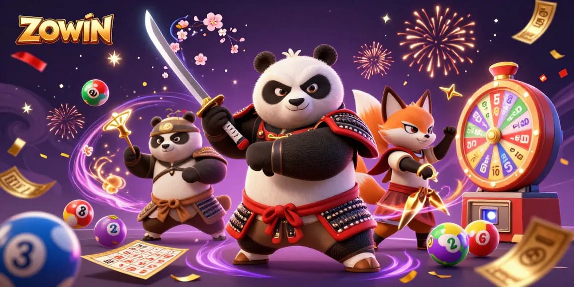 ZOWIN introduces a vibrant casino scene featuring a samurai panda and a ninja fox. Engage with exciting lottery elements!
