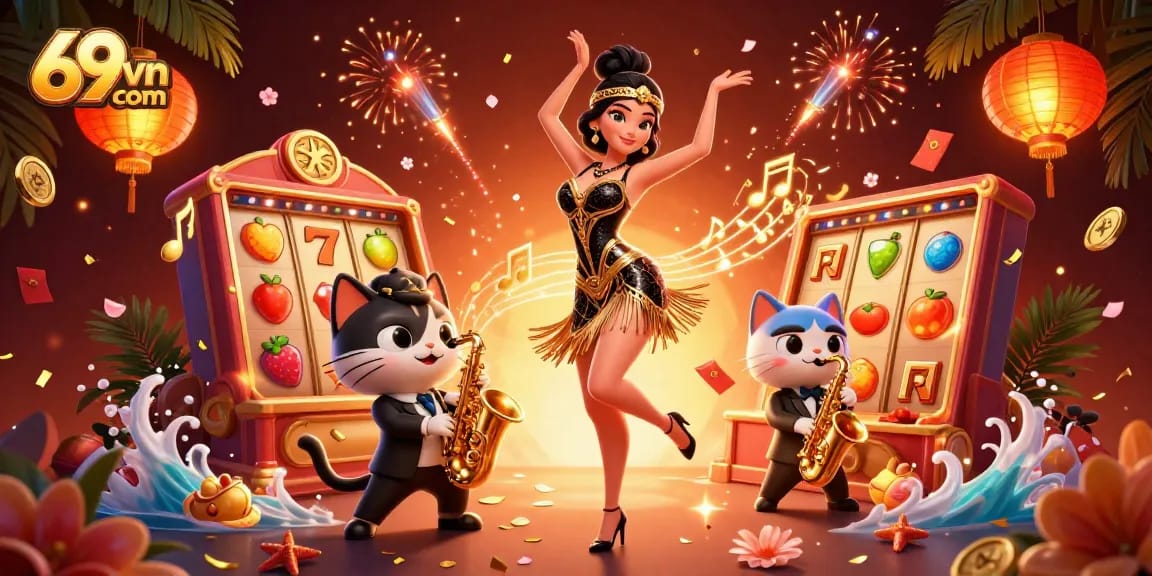 Experience thrilling gaming at 69vn com with vibrant slot reels, captivating characters, and golden luck!