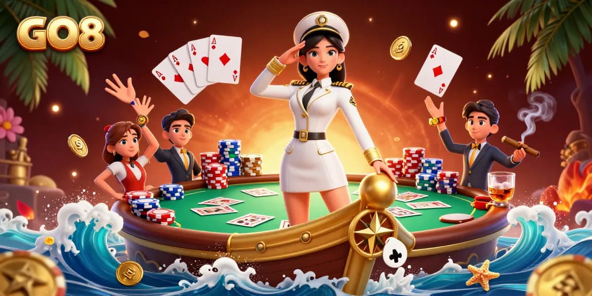 Experience the thrill with GO8 at a vibrant casino scene showcasing golden chips and poker action.