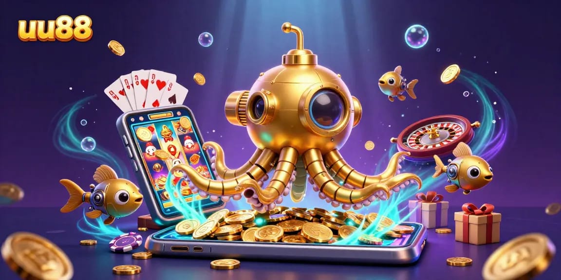 Spin to win with uu88 in this vibrant underwater casino scene filled with golden coins and exciting game elements.
