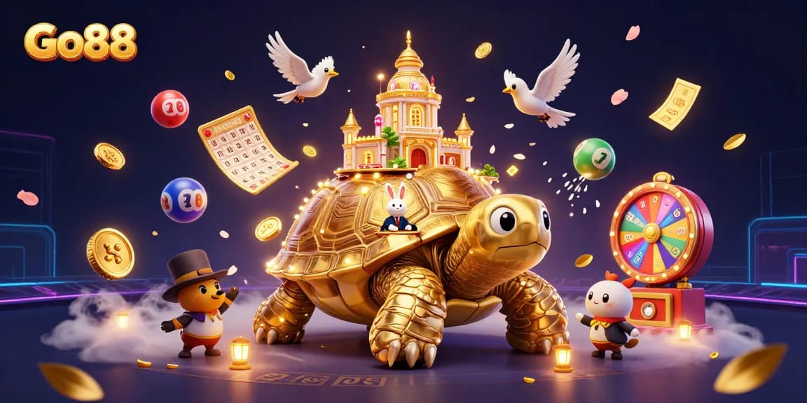 Engage with Go88's vibrant gambling atmosphere featuring a golden tortoise casino and a dynamic rabbit dealer surrounded by lottery elements.