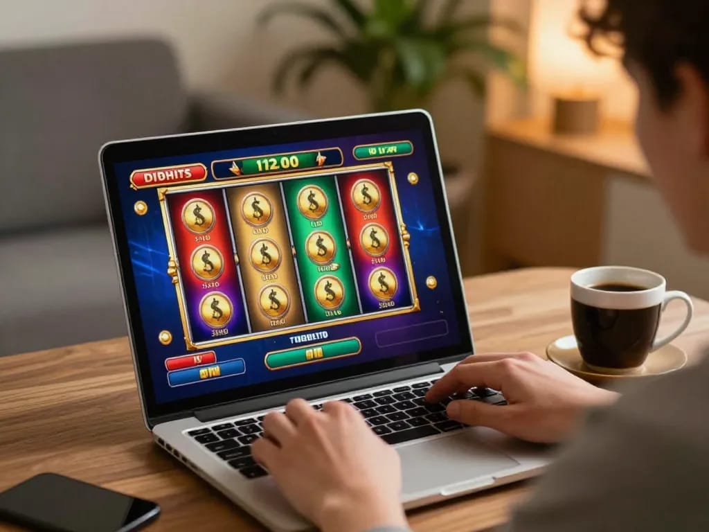 Player enjoying FUN79 slot games at home with engaging visuals and a cozy setup