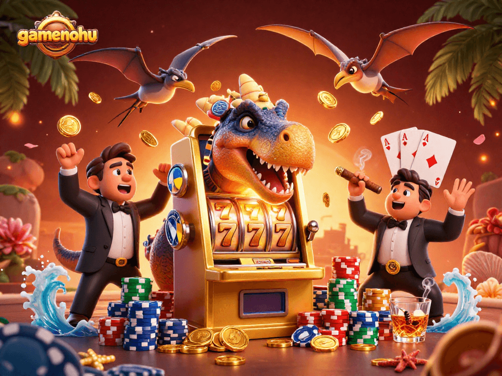 Experience thrilling jackpots with gamenohu as dinosaur characters engage with vibrant casino elements.