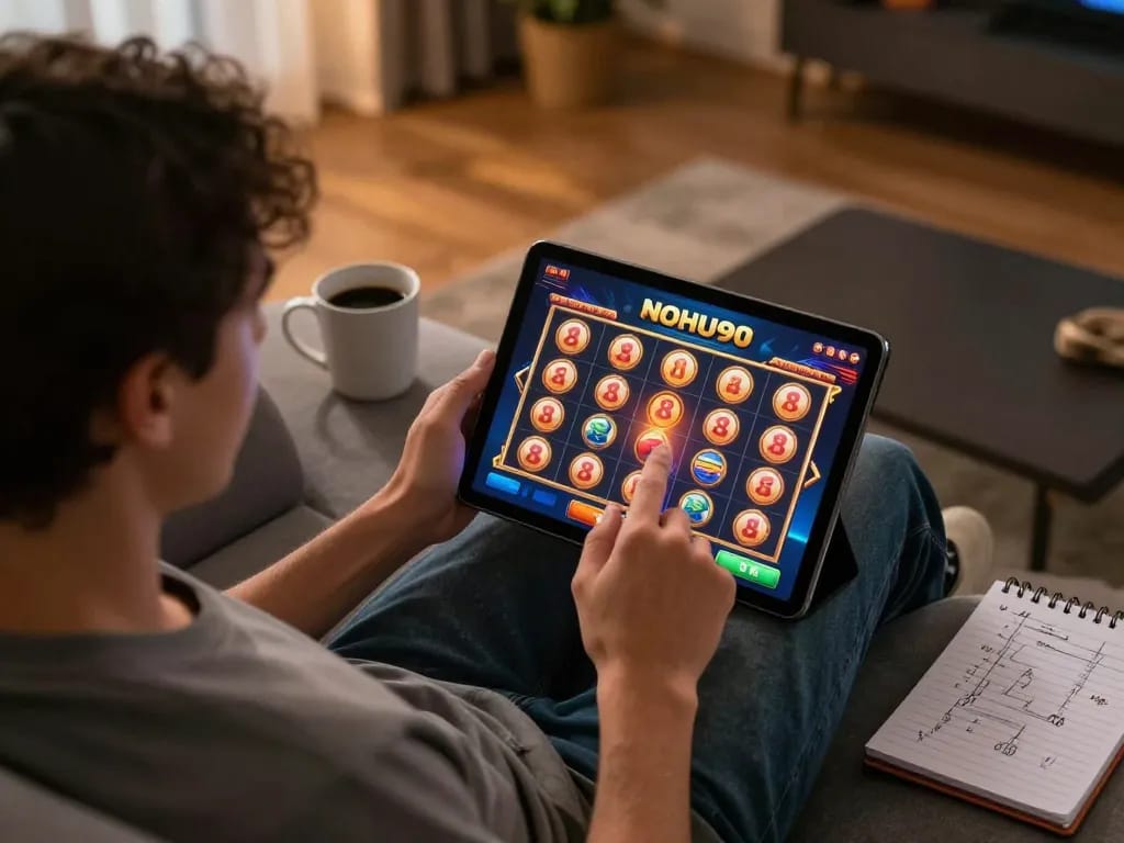 Engaging with the NOHU90 casino app on a tablet during an exciting online gaming session at home.