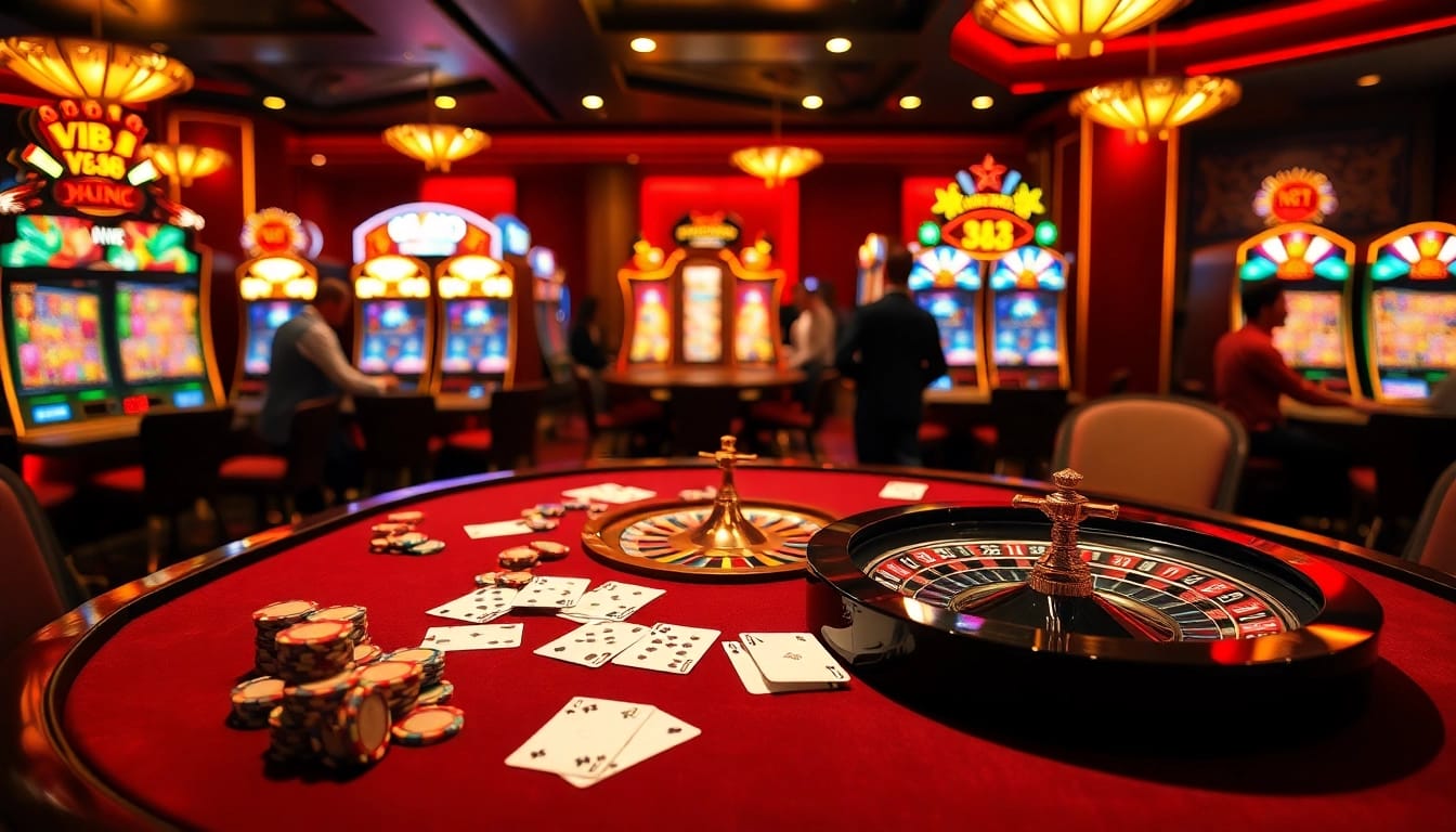 Exciting casino atmosphere with gamers engaging from the table, highlighting VB 88 poker chips.