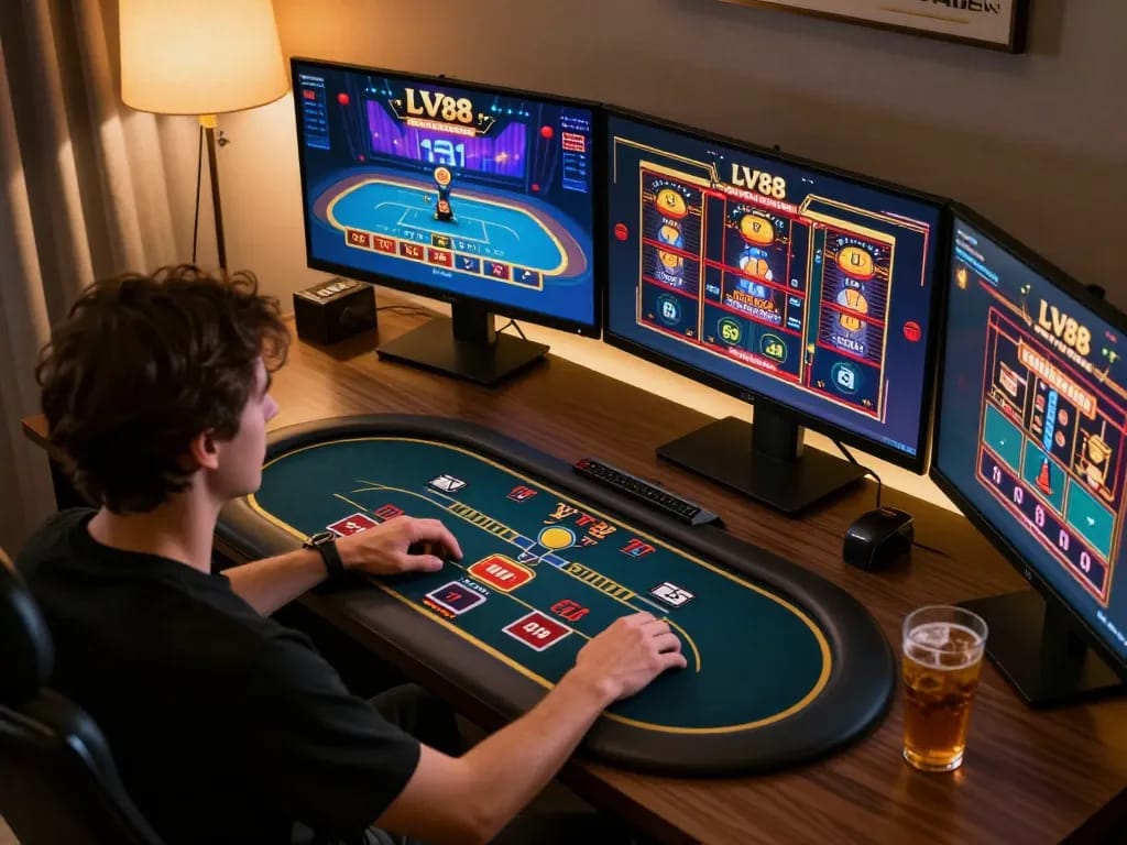 Engaging in strategic gameplay at LV88 casino platform in a stylish home gaming setup