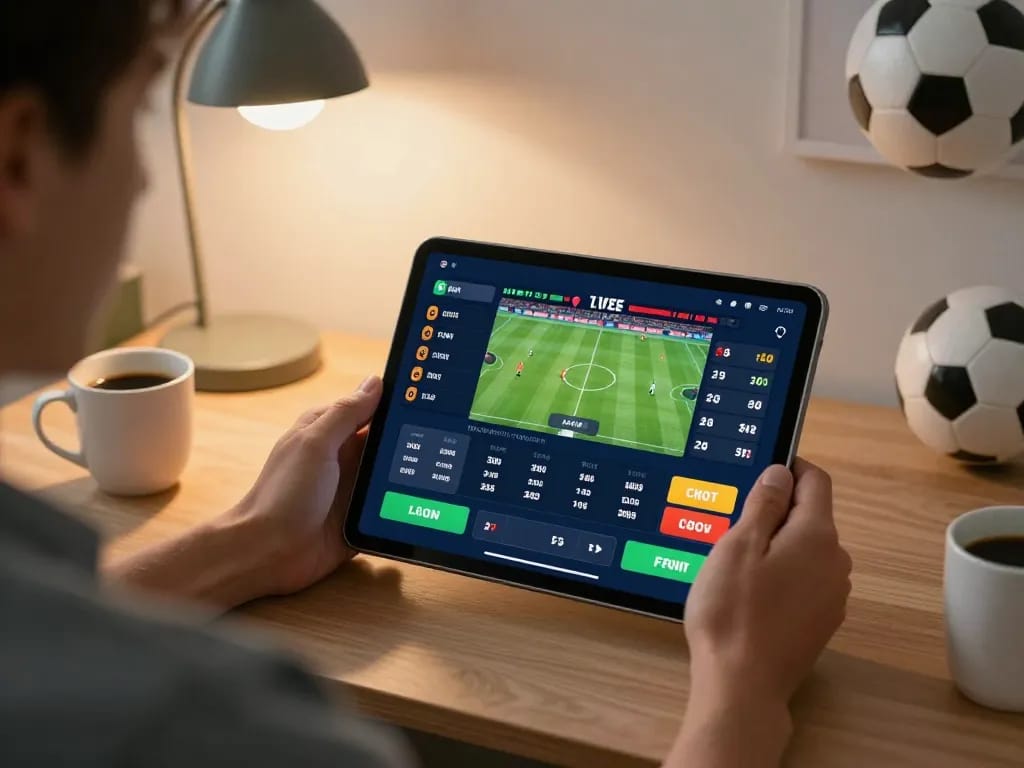 Person exploring SHBET sports betting options on a tablet in a cozy home office.