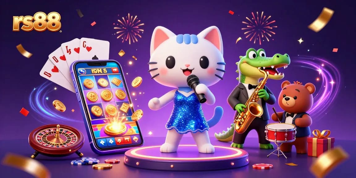 Experience excitement with rs88's vibrant casino night featuring lively cartoon characters and games.