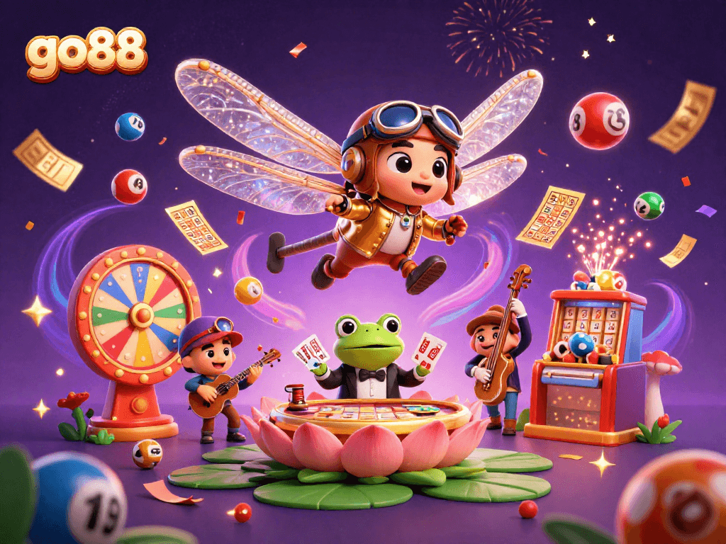 Play exciting games at go88 with a vibrant illustration of a helicopter pilot and casino elements.