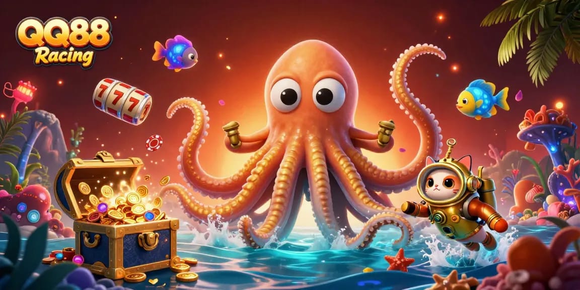 Experience the richness of QQ88 Racing with an exciting 3D illustration featuring a kraken, diving cat, and slot reels.
