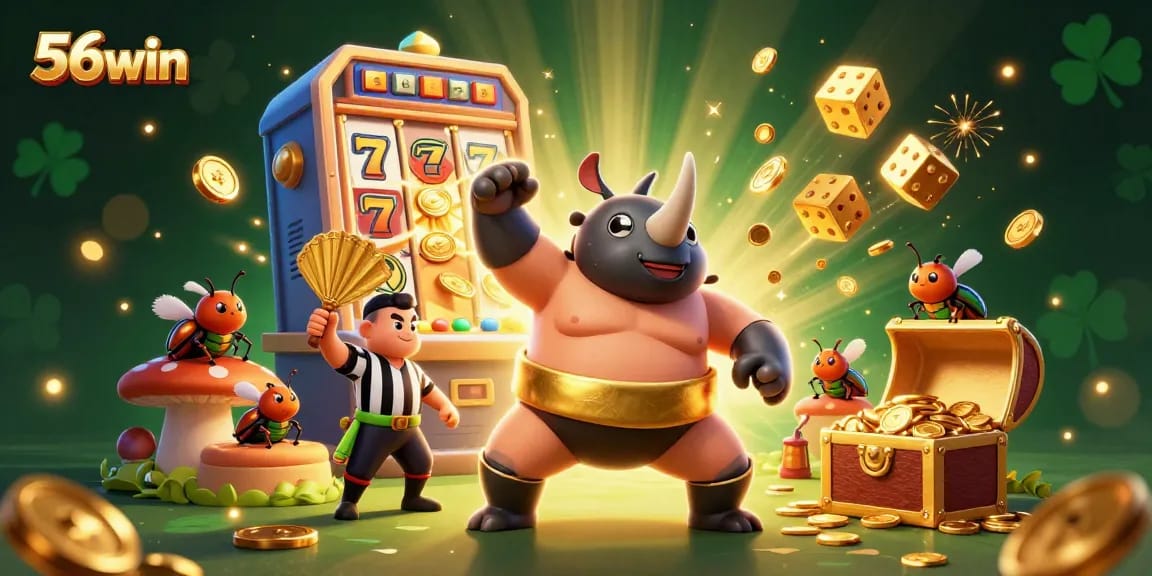 Experience thrilling wins with 56win as a rhinoceros beetle champion stomps coins in a vibrant casino!