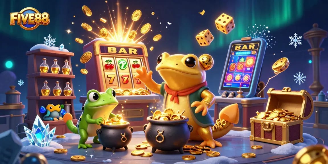 Experience a whimsical FIVE88 world with a golden salamander and casino elements bursting with excitement.