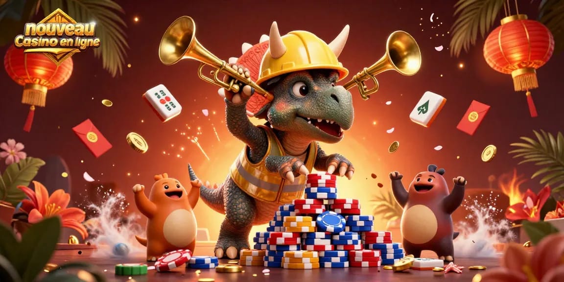 Cataloguez votre expérience de jeu sur un nouveau casino en ligne avec un triceratops et des décorations festives.