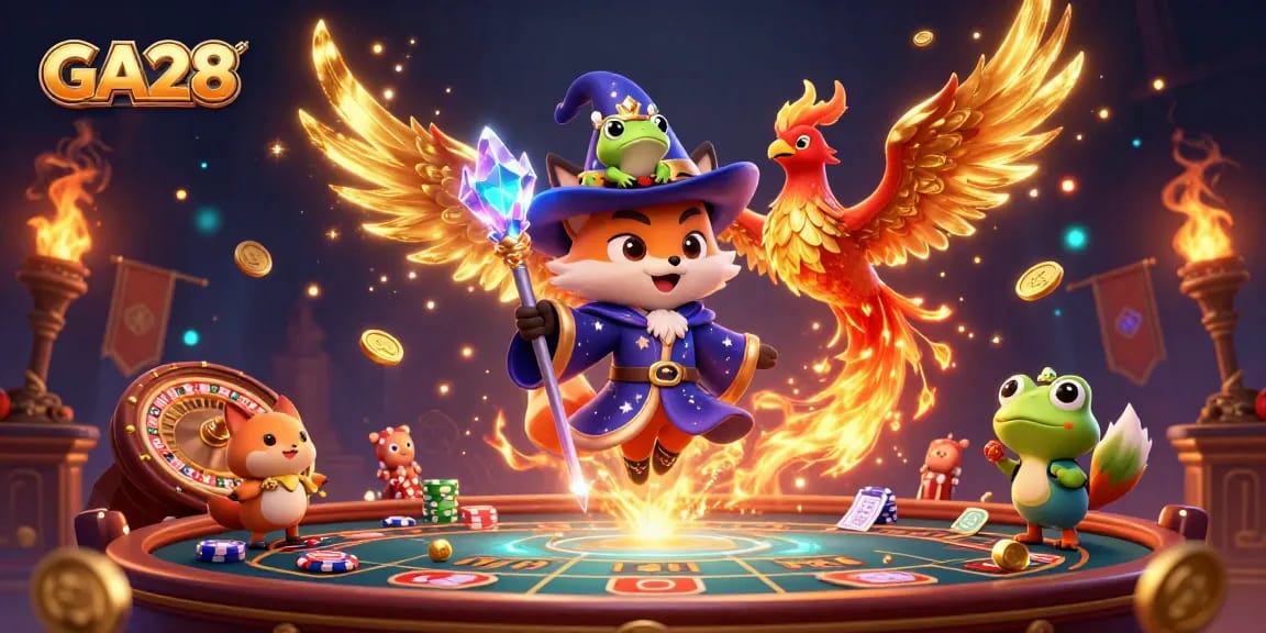 Engage in the thrilling GA28 live casino experience with a wizard, phoenix, and vibrant gaming elements.