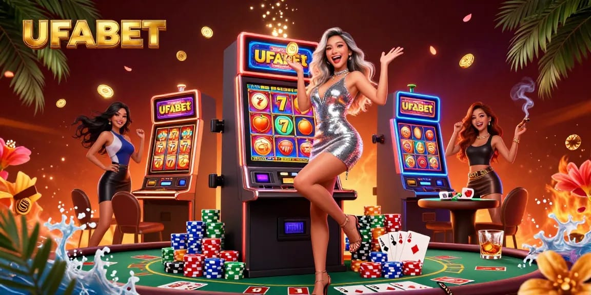 Experience the excitement of UFABET with celebratory gameplay and stunning visuals in a lively casino scene.