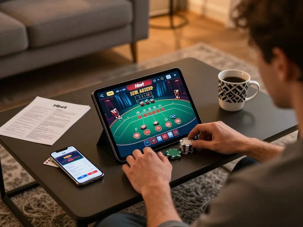 Hbet player engaged in strategic betting during live poker game on tablet in cozy home setting.