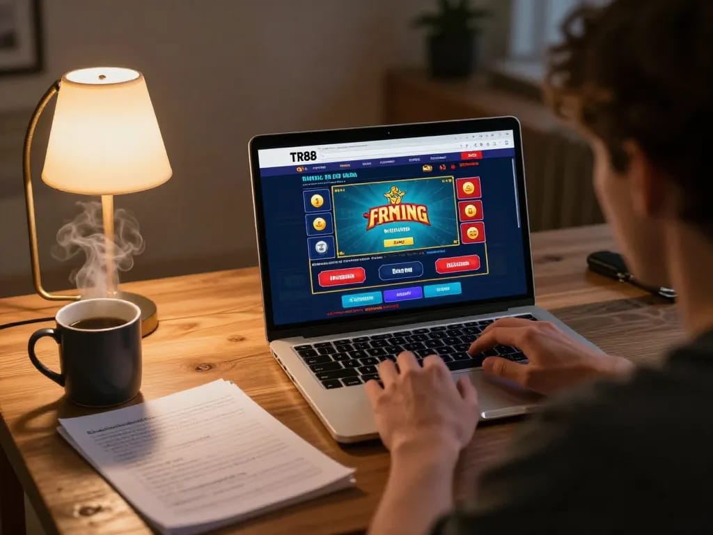 Player enjoying a TR88 casino game on laptop, showcasing strategies and immersive gameplay elements.