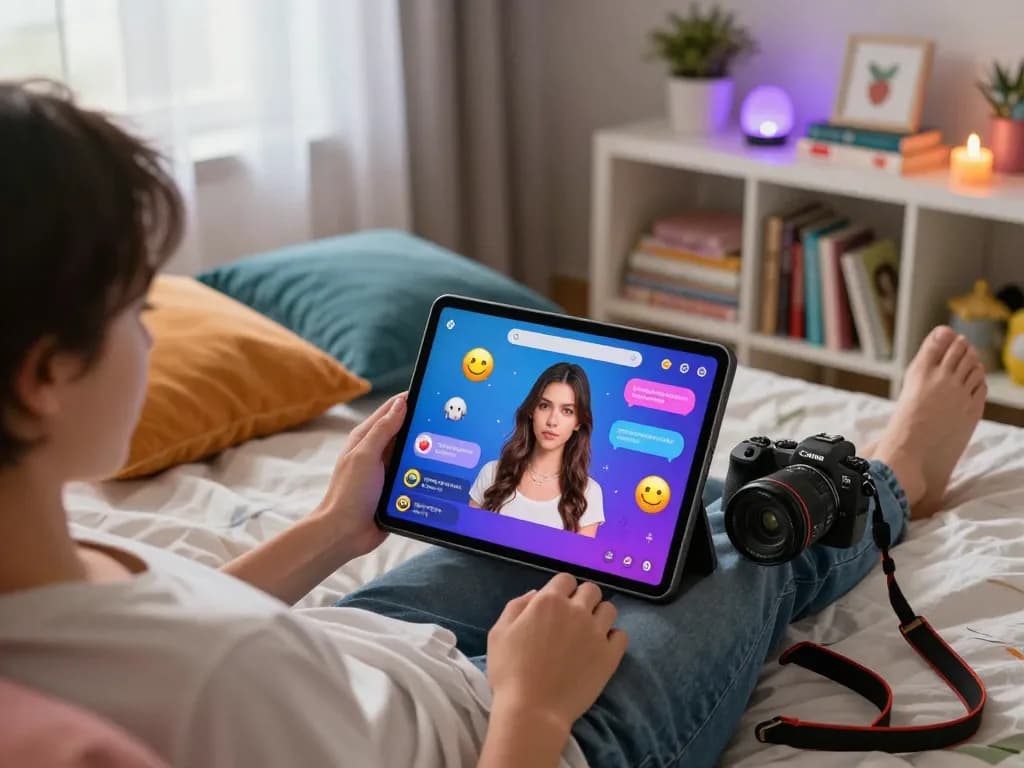 Engaging in ai porn chat on a tablet in a cozy bedroom.
