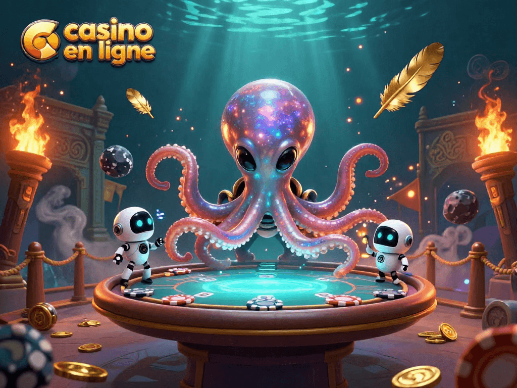 Le casino en ligne prend vie avec un octopus extraterrestre jouant au poker dans un univers féérique.