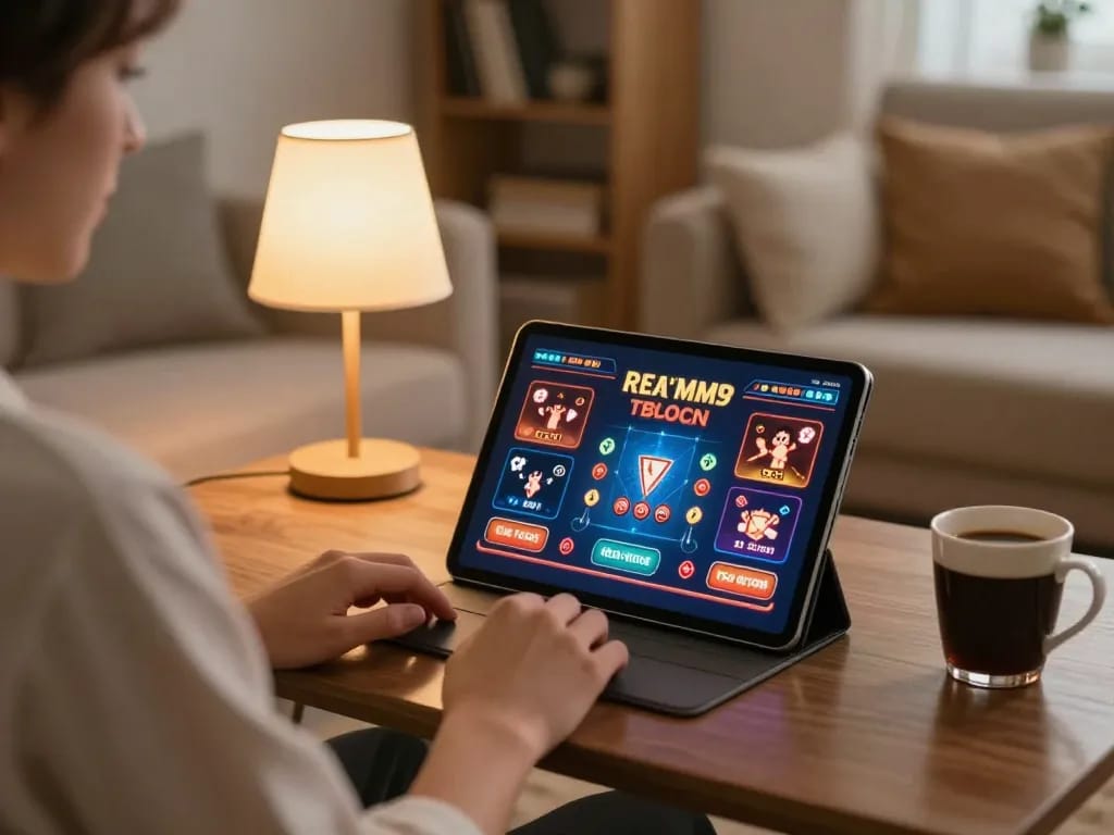 TG88 player engaging with online casino games on a tablet in a cozy living room.