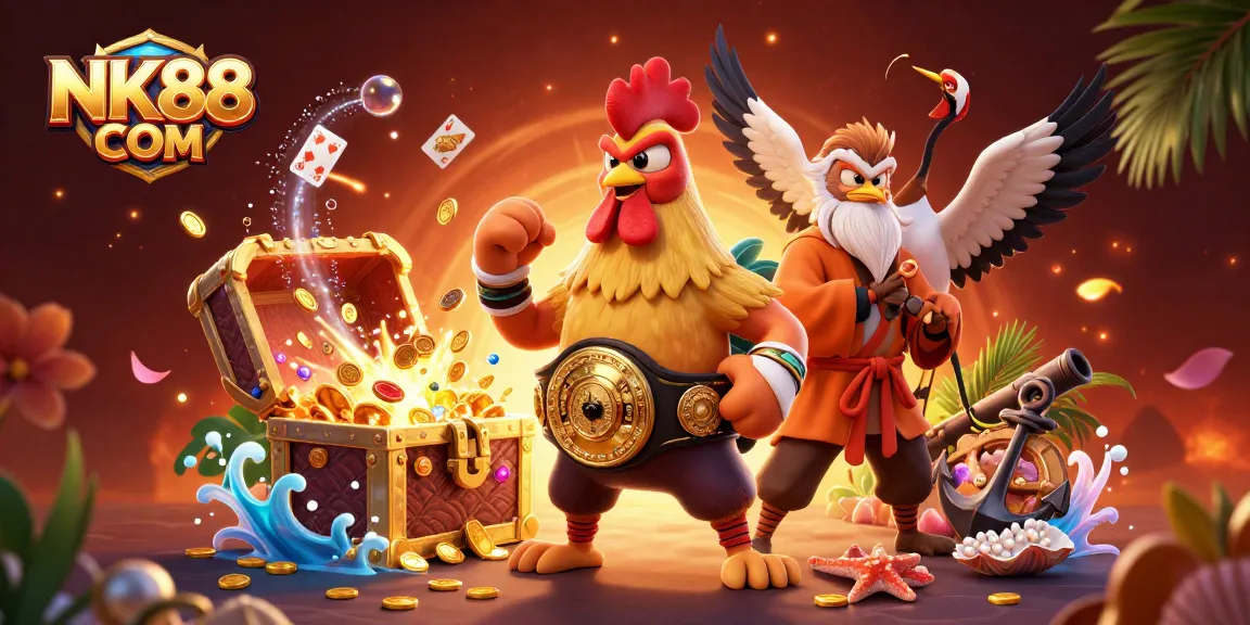 Engage with the lively scene of NK88 COM featuring a Muay Thai rooster, Shaolin monkey, and a wise crane master in a colorful casino adventure.