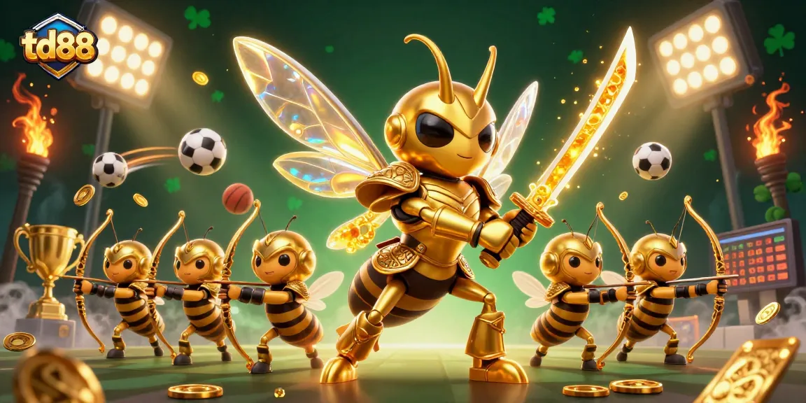 Engage in thrilling gameplay with td88, featuring a golden hornet and bee archers in a vibrant casino scene.