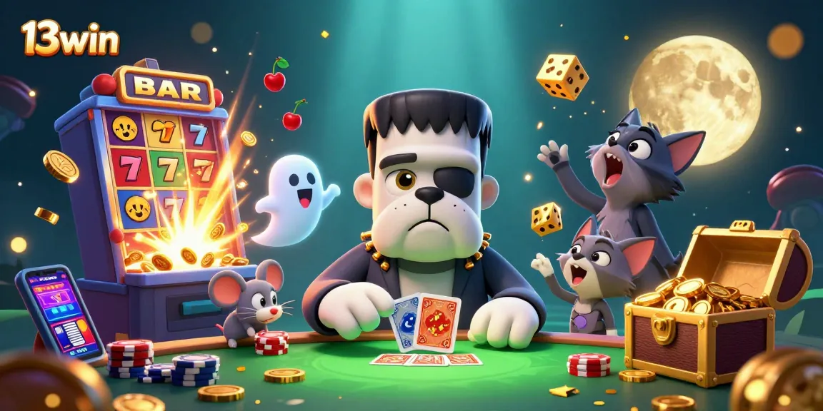 Experience thrilling casino action with 13win as a Frankenstein bulldog deals cards at a spooky table.