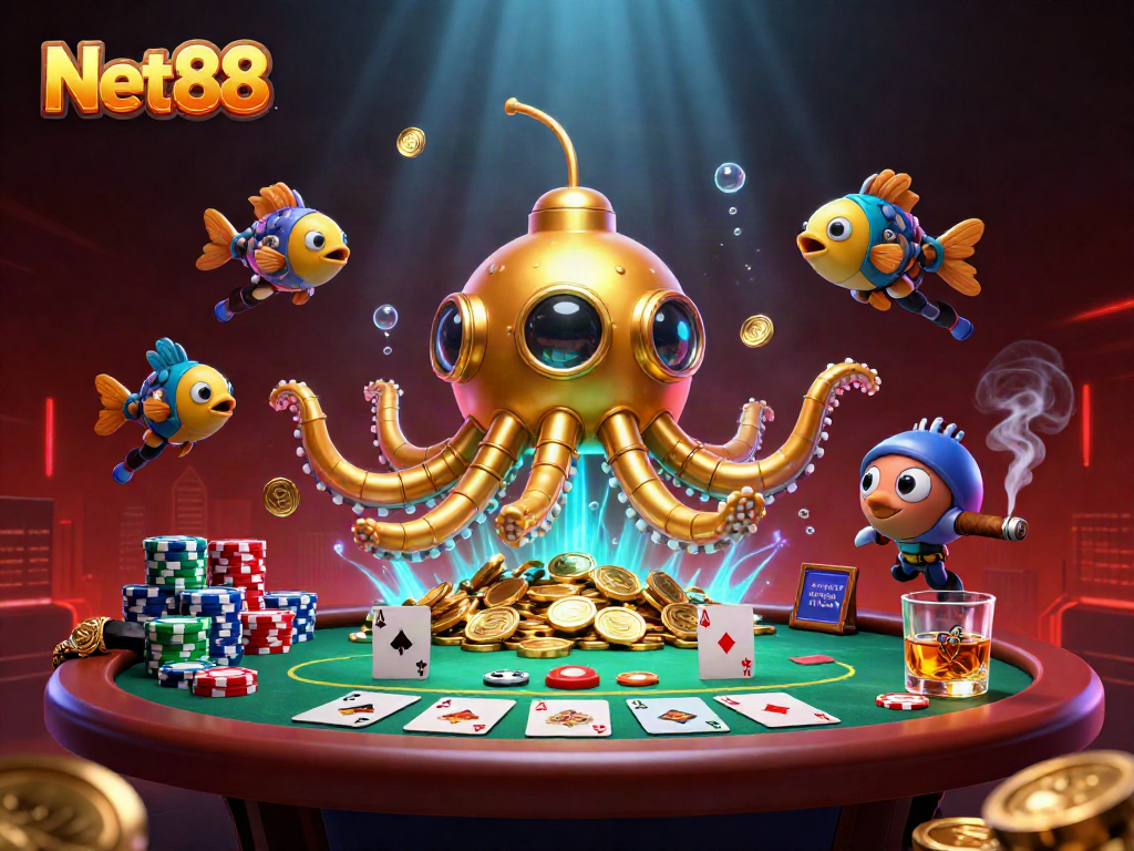 Net88 submarine kraken rises through gold coins while poker chips and cards surround it.