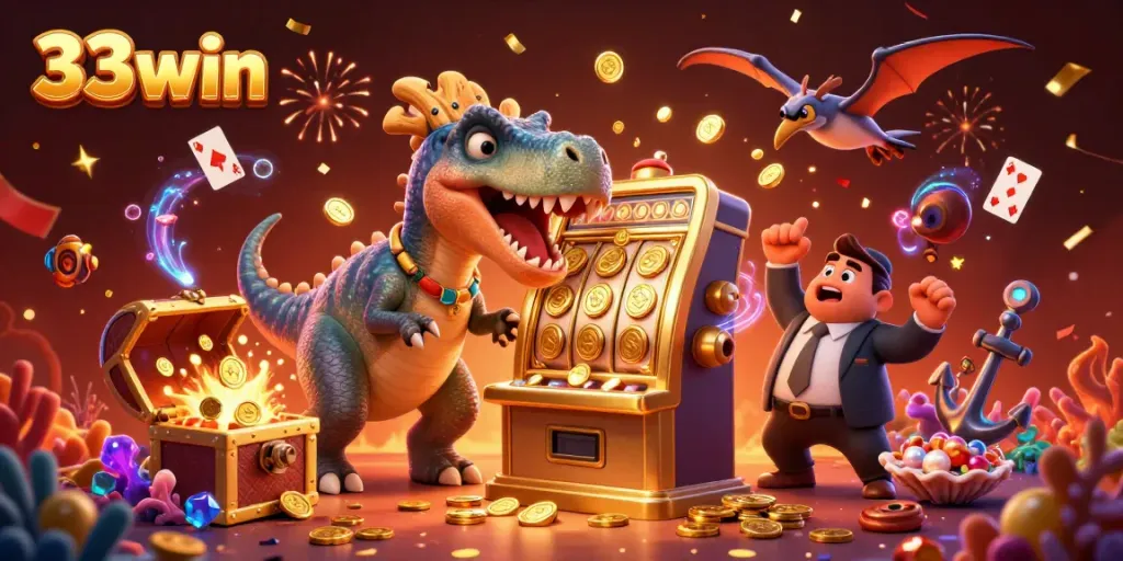 Experience thrilling action at 33win with a dinosaur headbutting a slot machine and coins flying around.