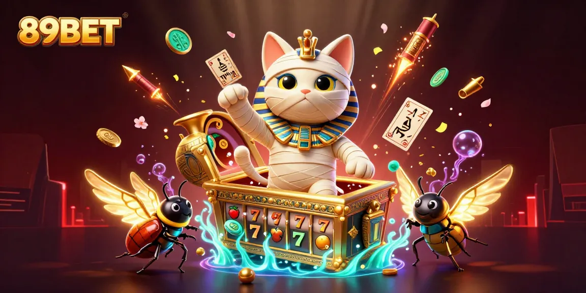 Experience thrilling 89BET gameplay with our Egyptian mummy cat and scarab companions in this vibrant casino scene.