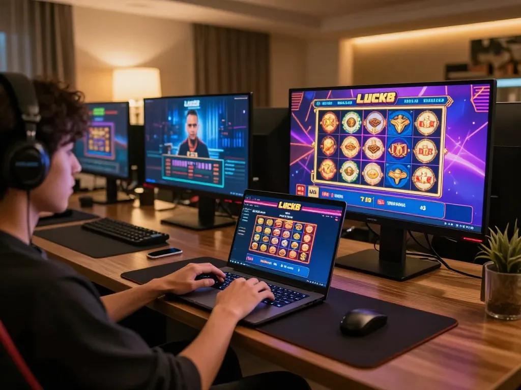 Engaging in Luck8 casino gaming with vibrant online screens and a cozy environment.