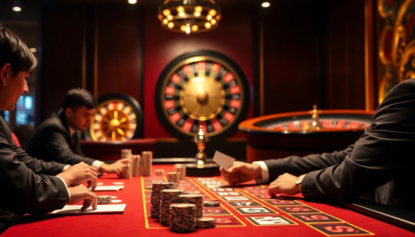 An exciting casino scene showcasing nha cai uy tin with engaged players at the blackjack table, embodying luxury and strategic betting.