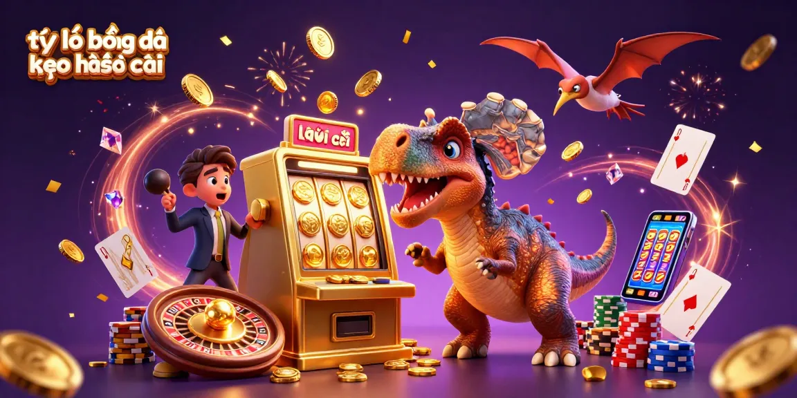 The image shows tỷ lệ bóng đá kèo nhà cái in an exciting scene with animated dinosaurs celebrating jackpot wins, capturing a lively casino atmosphere.