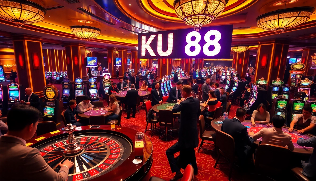 Excited gamblers enjoying a vibrant casino scene featuring KU 88 prominently displayed, capturing the thrill of high-stakes gaming.